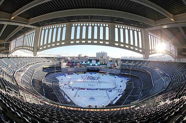 Yankee Stadium set up for the 2014 NHL Stadium Series outdoor game between New York Rangers and New Jersey Devils